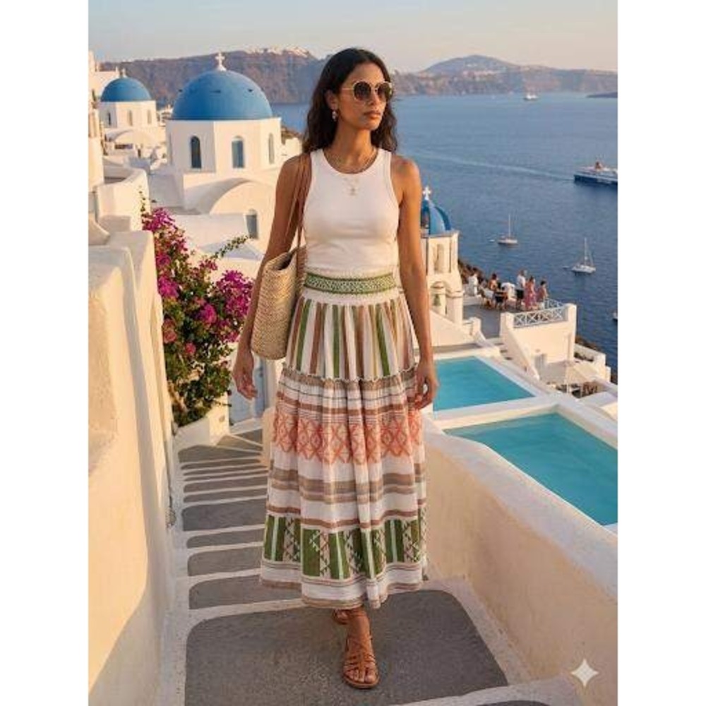 Pearl & Caviar Zakar Embroidered Cotton Tiered Midi Skirt Green Orange S/M